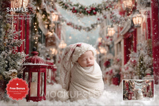 christmas village scene with winter backdrop, ideal for holiday photo shoots and newborn photography
